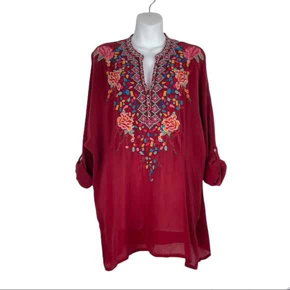 Johnny Was Tops - JOHNNY WAS Silky Red Floral Embroidered Long Sleeve Tunic Shirt Size Medium